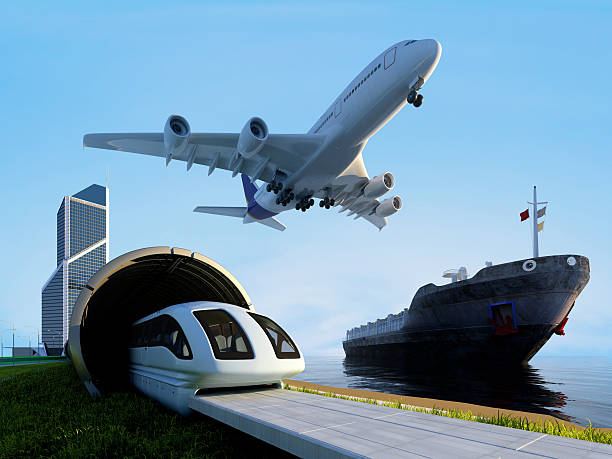 Train, airplane and tanker on the shore.,3d render